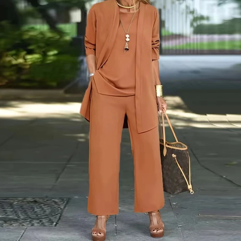 Casual O Neck Vest Cardigan Three Piece Set Elegant Solid Color Loose Pants Outfit Autumn Winter Fashion Women Long Sleeved Suit - Image 8