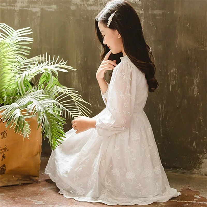 Kids Dresses Teenage White Wedding Party Lace Girl Dress Long Sleeve Children Carnival Spring Autumn 4 6 8 9 10 12 Years Clothes - Image 5