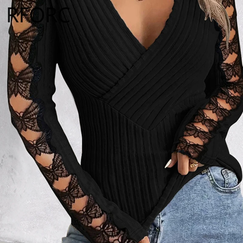 2024 Women Deep V Neck Wrap Lace Bow Hollow Out Knitting Basic Black Blouse Top - Image 4
