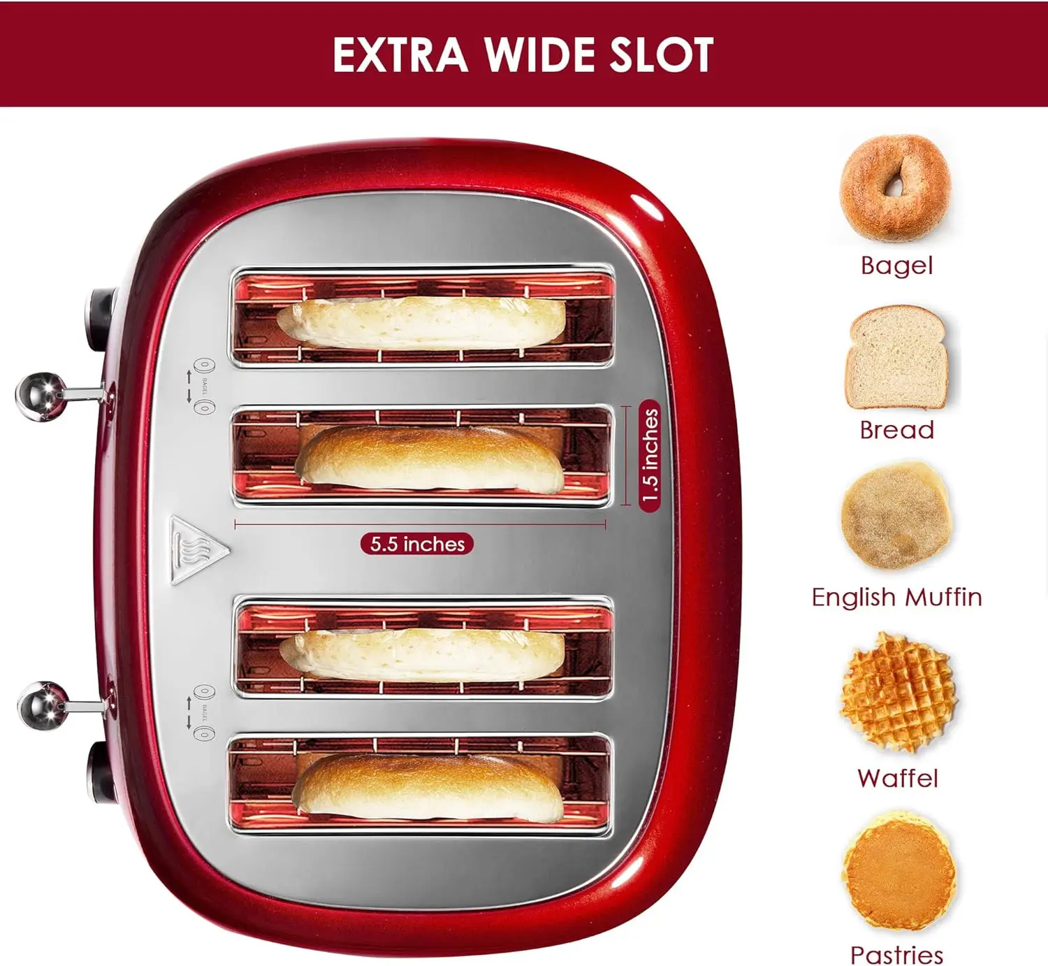 4 Slice Toaster Retro Stainless Steel Toasters with Bagel Defrost Cancel Function 6 Browning Settings Extre Wide Slot Red - Image 3
