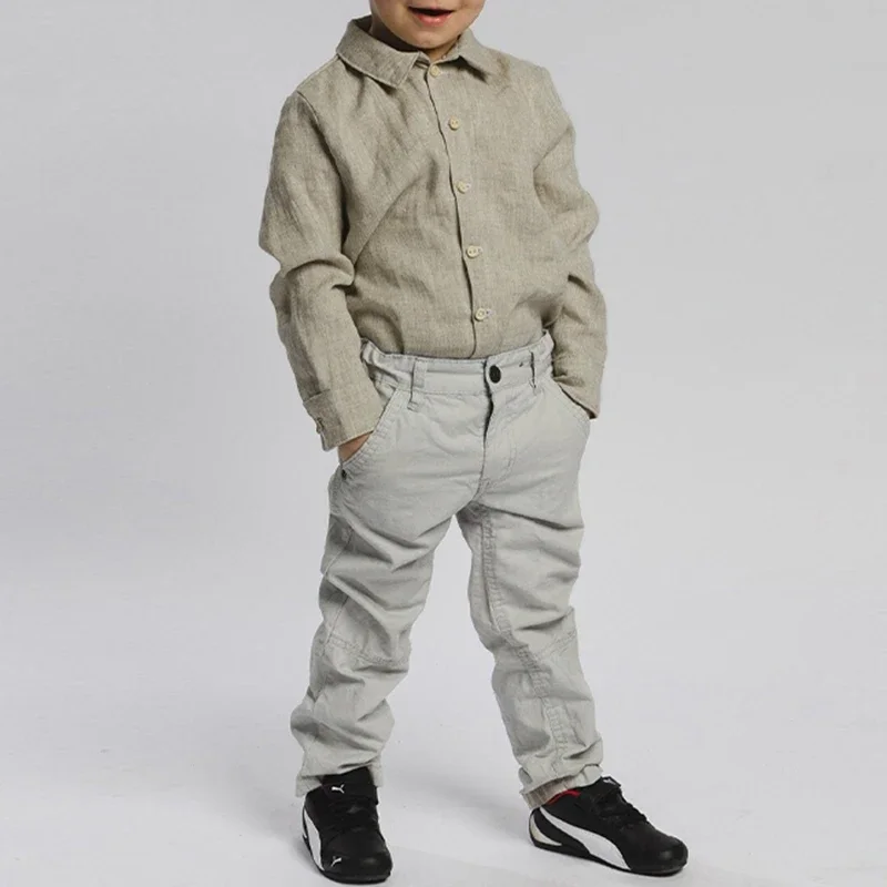 Spring Retro Cotton And Linen Boys Shirt With Wooden Buttons Casual New Children's Lapel Long-Sleeved Linen Shirts TZ429 - Image 5