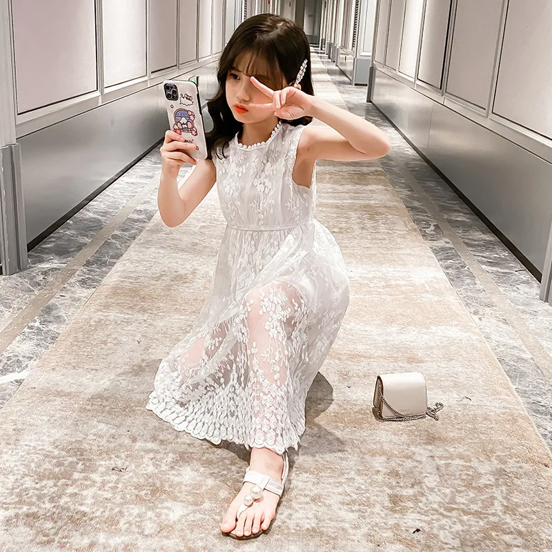 2023 summer Teenager kids Girls clothes floral mesh Princess white Dress lace off shoulder sleeveless 5 6 7 8 9 10 11 12 Years - Image 2