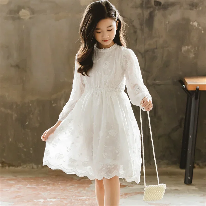 Kids Dresses Teenage White Wedding Party Lace Girl Dress Long Sleeve Children Carnival Spring Autumn 4 6 8 9 10 12 Years Clothes - Image 2