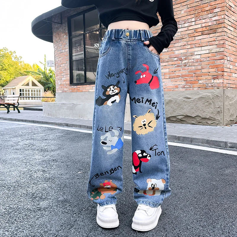 New 2024 Teenage Girls Blue Street Cartoon Print Elastic Mid Waist Loose Denim Jeans Spring Fashion Children Cute Wide Leg Pants - Image 2