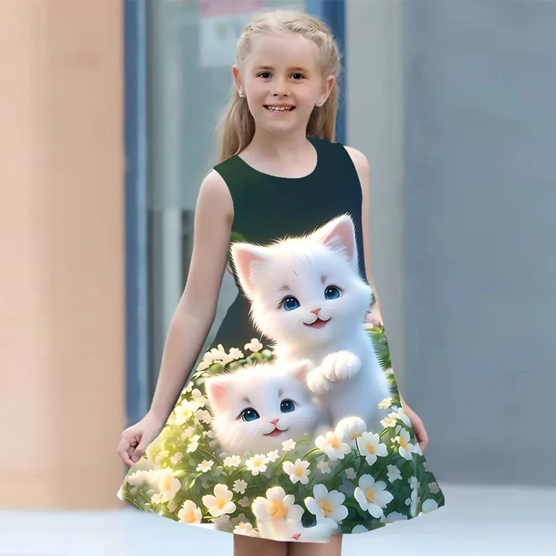 Summer Dress For Girls 2024 Kids Clothes Casual Sleeveless O-neck Cat 3D Print Children Princess Dress Girl 2 To 8 Years Old - Image 2