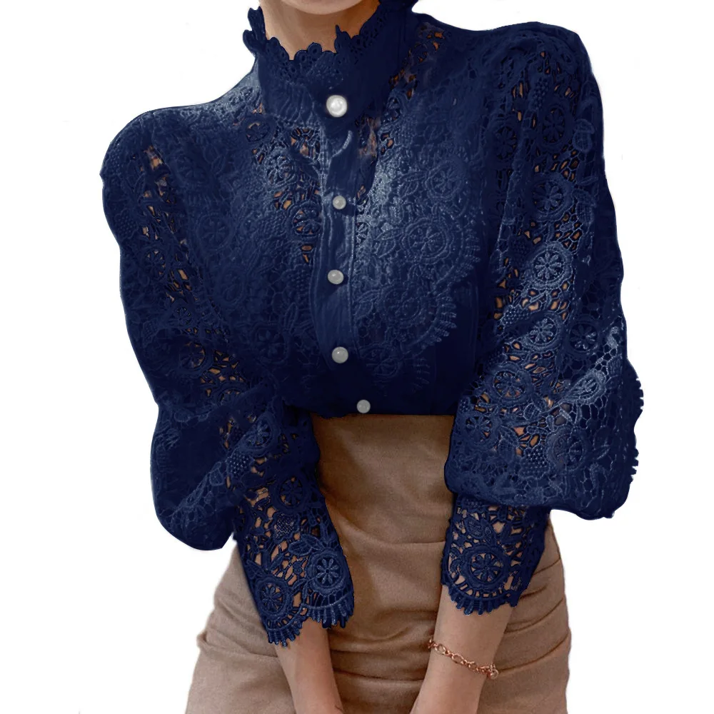 Elegant Lace Tops Embroidery Hollow Out Solid Stand Collar Female Tunic Plus Size Petal Sleeve Spring Womens Tops And Blouses - Image 8