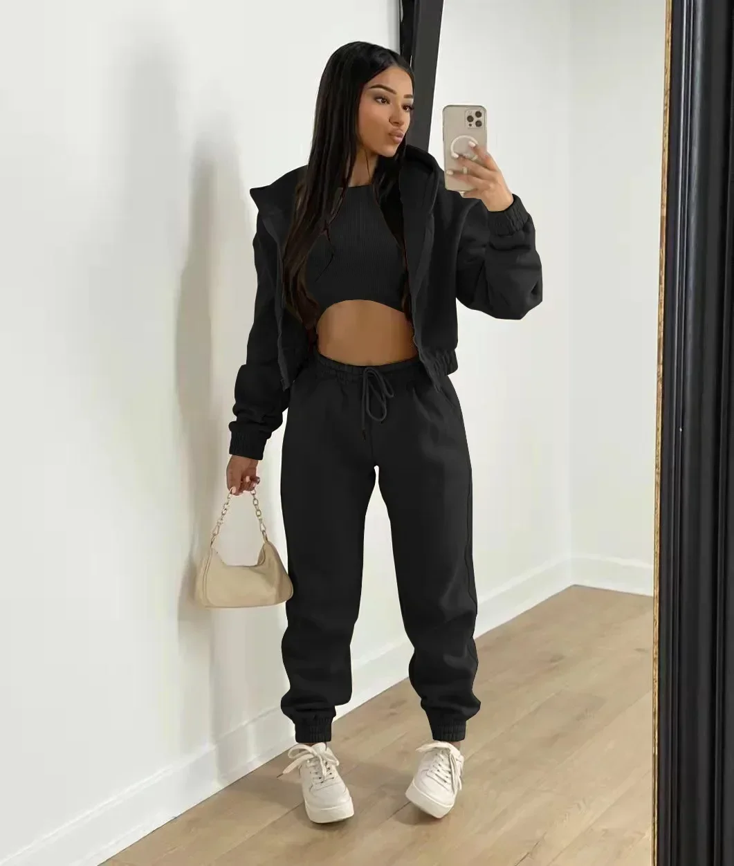 3pcs Women's Clothing Set Fleece-lined Hooded Sweater &Sleeveless Tank Top & Sports Sweatpants Pants - Image 3