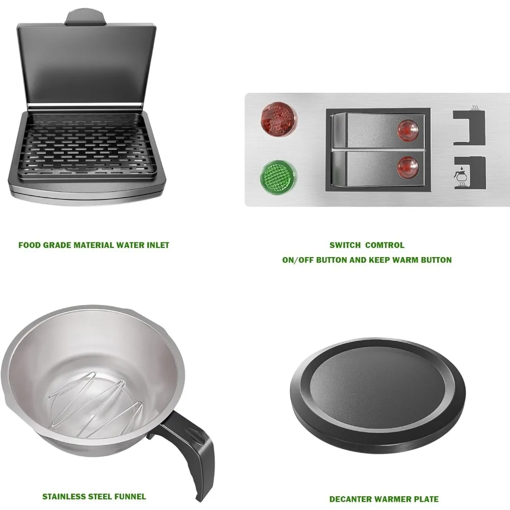 Dual Drip Commercial Coffee Maker, 200 Cup/hour, 7.2L Pour Over Coffee Machine with 4 Glass Carafe - Image 6