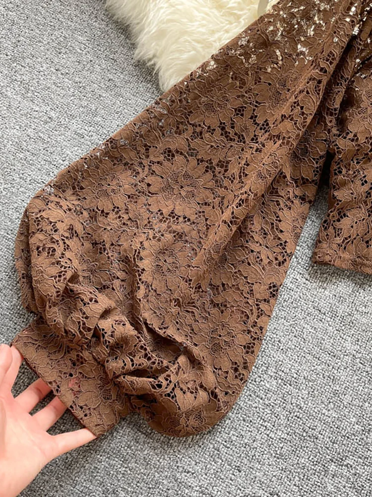 Autumn Black/White/Brown Sexy Lace Blouse Women Elegant V-Neck Puff Long Sleeve Open Back Short Tops Female Party Blusas 2021 - Image 6