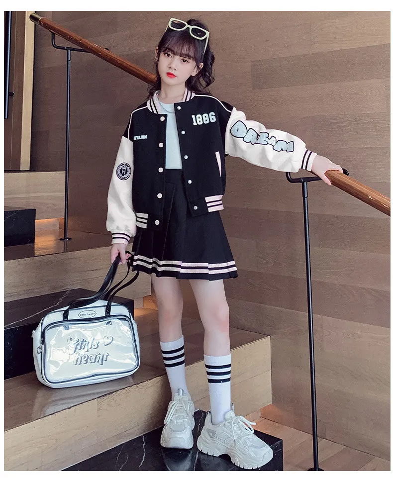 2025 winter spring Girls Teenager Patchwork zipper striped Coats Jacket + baseball clothes sexy short skirt 5 6 7 8 9 10 11 year - Image 2