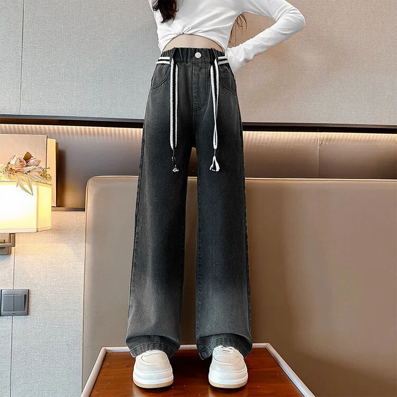 New 2024 Teenage Girls Blue Street Cartoon Print Elastic Mid Waist Loose Denim Jeans Spring Fashion Children Cute Wide Leg Pants - Image 22