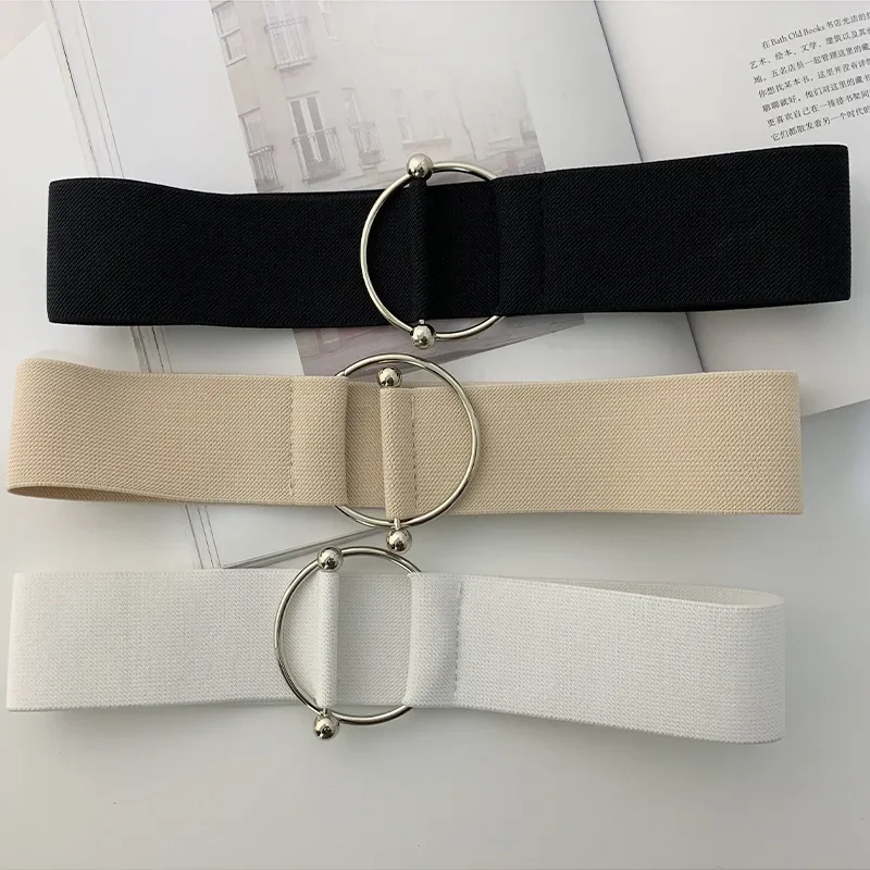Belts for Women Black Simple Waist Elastic Ladies Band Round Buckle Decoration Coat Sweater Fashion Dress Rice White - Image 6