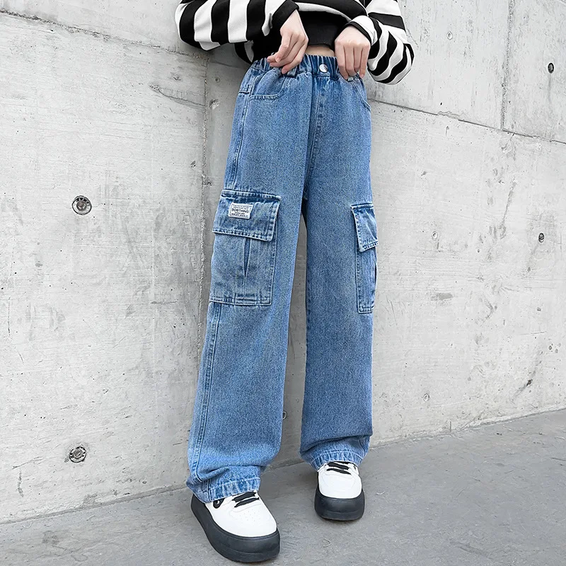 New 2024 Teenage Girls Blue Street Cartoon Print Elastic Mid Waist Loose Denim Jeans Spring Fashion Children Cute Wide Leg Pants - Image 15
