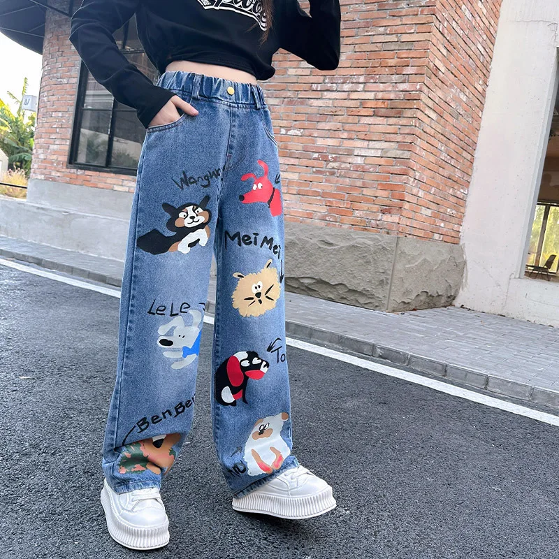 New 2024 Teenage Girls Blue Street Cartoon Print Elastic Mid Waist Loose Denim Jeans Spring Fashion Children Cute Wide Leg Pants - Image 3