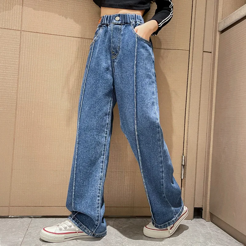New 2024 Teenage Girls Blue Street Cartoon Print Elastic Mid Waist Loose Denim Jeans Spring Fashion Children Cute Wide Leg Pants - Image 12