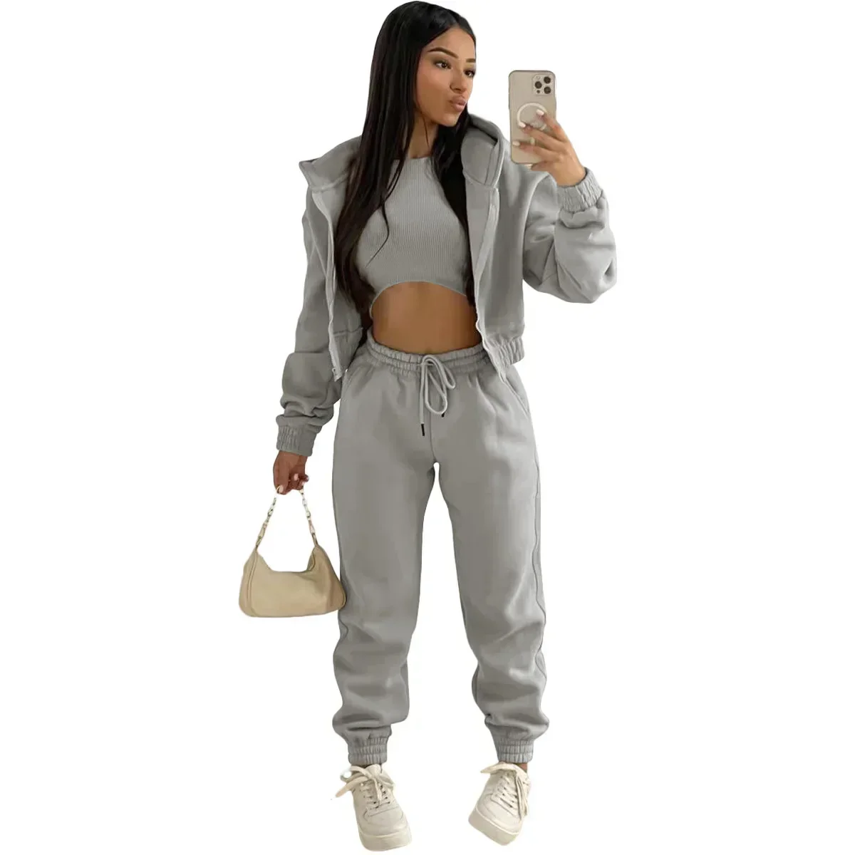 3pcs Women's Clothing Set Fleece-lined Hooded Sweater &Sleeveless Tank Top & Sports Sweatpants Pants - Image 7