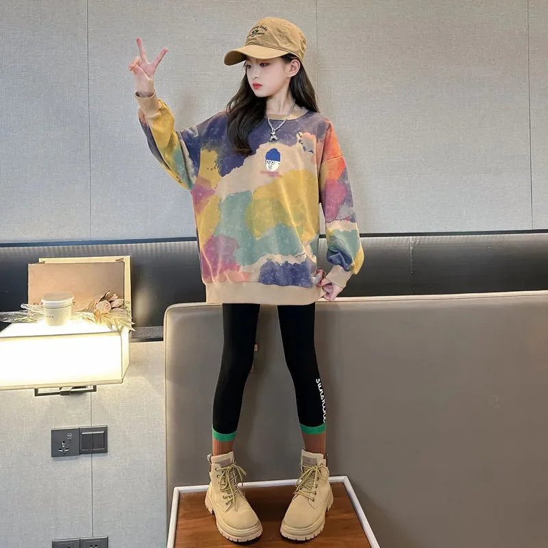 2023 autumn winter Girls clothes long t-shirt Dresses Baby hooded tops teens Kids loose cloud cluster print sweatshirts 12 year - Image 5