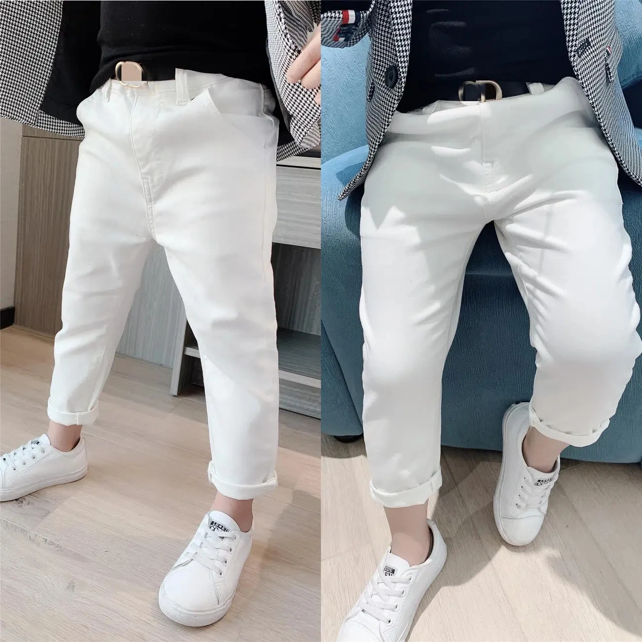 Children's Spring and Autumn New White Boys' Pants Baby Elastic Slim Fit Middle And Big School Cotton Trousers FOR Kids