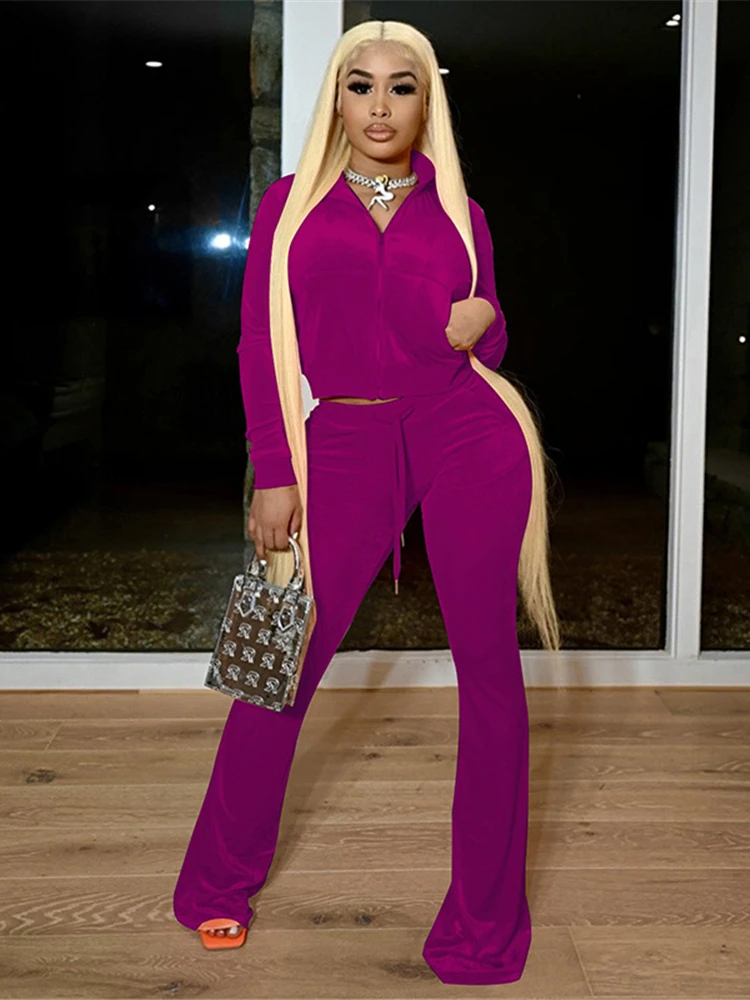 Kliou Solid Velour Two Piece Set Women Simple Casual Zipper Long Sleeve Turtleneck Top+Bandage Lace Slim Female Wide Leg Pants - Image 3