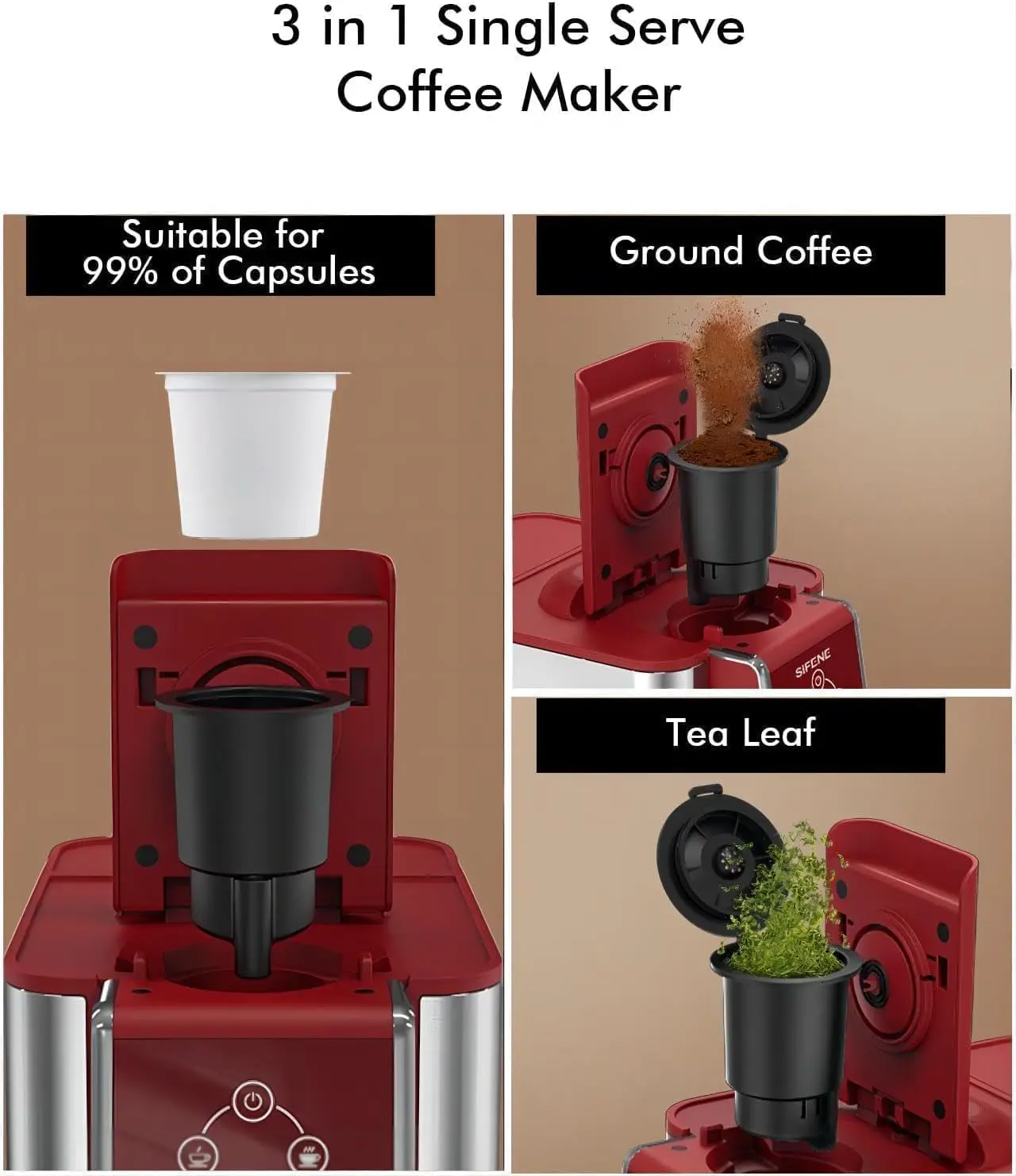 SIFENE Single Serve Coffee Machine, 3-in-1 Pod Coffee Maker for K-Pod Capsule, Ground Coffee, and Leaf Tea with 6-10 oz Cup Size - Image 5