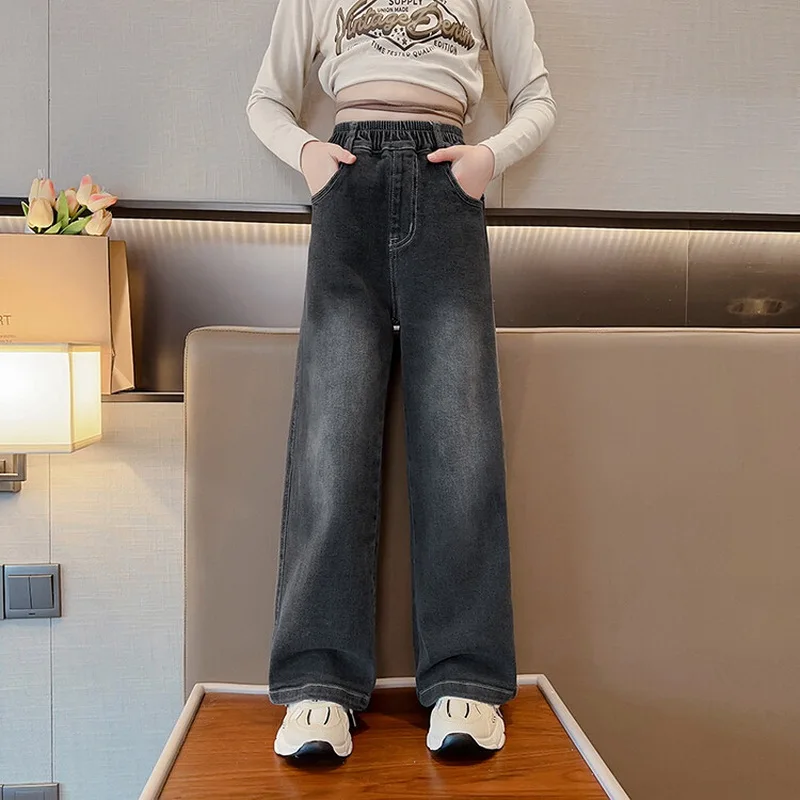 New 2024 Teenage Girls Blue Street Cartoon Print Elastic Mid Waist Loose Denim Jeans Spring Fashion Children Cute Wide Leg Pants - Image 13