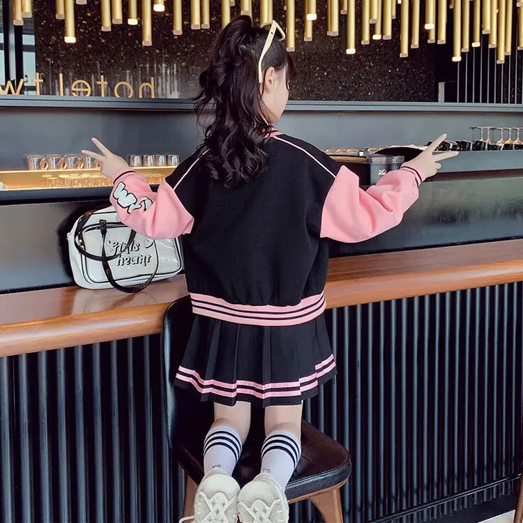2025 winter spring Girls Teenager Patchwork zipper striped Coats Jacket + baseball clothes sexy short skirt 5 6 7 8 9 10 11 year - Image 3