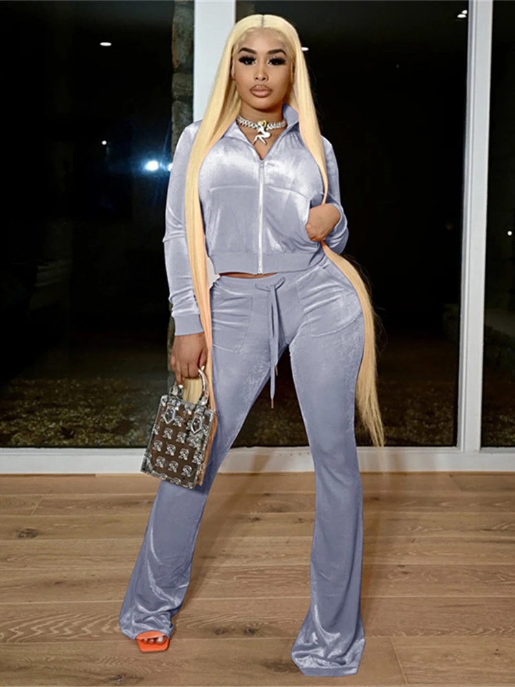 Kliou Solid Velour Two Piece Set Women Simple Casual Zipper Long Sleeve Turtleneck Top+Bandage Lace Slim Female Wide Leg Pants - Image 8