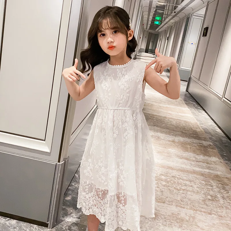 2023 summer Teenager kids Girls clothes floral mesh Princess white Dress lace off shoulder sleeveless 5 6 7 8 9 10 11 12 Years - Image 3