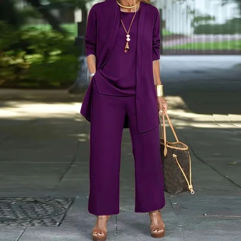 Casual O Neck Vest Cardigan Three Piece Set Elegant Solid Color Loose Pants Outfit Autumn Winter Fashion Women Long Sleeved Suit - Image 2