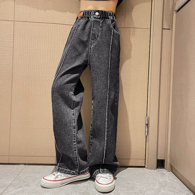 New 2024 Teenage Girls Blue Street Cartoon Print Elastic Mid Waist Loose Denim Jeans Spring Fashion Children Cute Wide Leg Pants - Image 11
