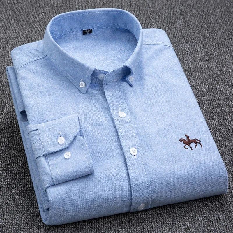 2024 Men's Long Sleeve Dress Shirt Men Pure Cotton Oxford Embroidered Horse Casual Without Pocket Solid Shirt Plus Size