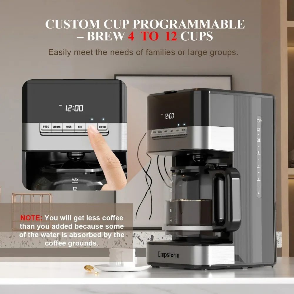 Programmable Drip Coffee Maker 4-12 Cup with Glass Carafe, 4-Hour Auto Shut Off & Keep Warm, Anti-Drip System, Strong Brew - Image 3