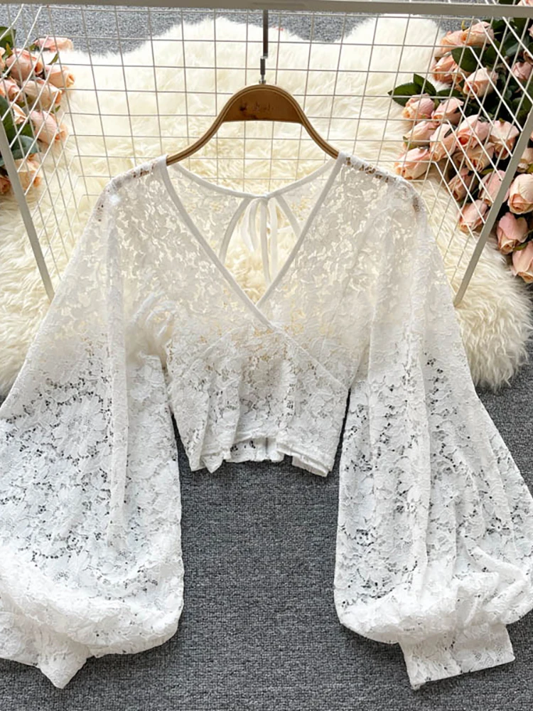 Autumn Black/White/Brown Sexy Lace Blouse Women Elegant V-Neck Puff Long Sleeve Open Back Short Tops Female Party Blusas 2021 - Image 2