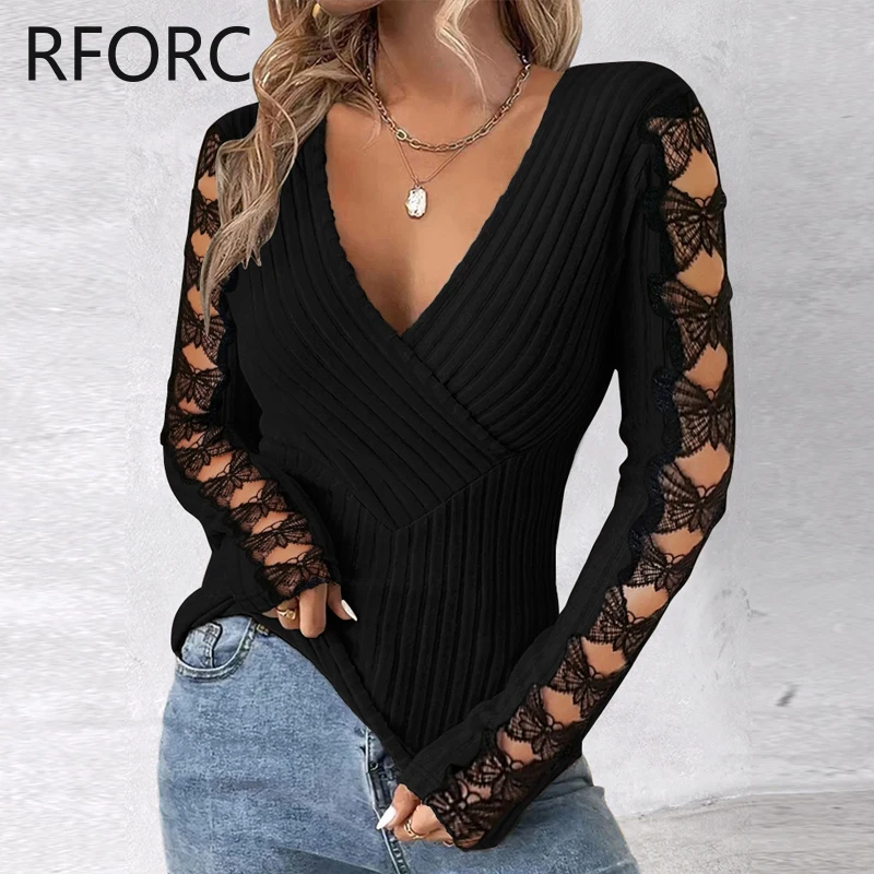 2024 Women Deep V Neck Wrap Lace Bow Hollow Out Knitting Basic Black Blouse Top - Image 2