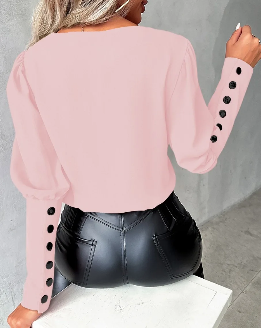Elegant Women's Shirt Autumn 2025 New Fashion V-neck Pullover Solid Color Contrasting Loose Long Sleeved Button Women's Shirt - Image 6