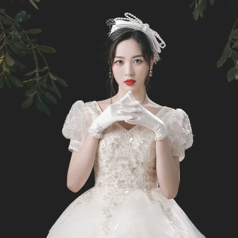 Elegant Women Wedding Bridal Short Gloves Full Finger Pearls Wrist Length Costume Prom Party Gloves white gloves gelin - Image 2
