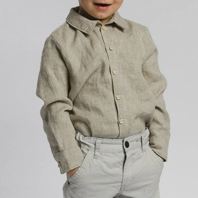 Spring Retro Cotton And Linen Boys Shirt With Wooden Buttons Casual New Children's Lapel Long-Sleeved Linen Shirts TZ429 - Image 2