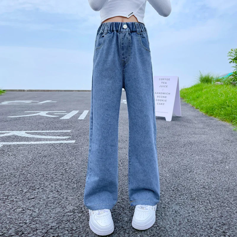 New 2024 Teenage Girls Blue Street Cartoon Print Elastic Mid Waist Loose Denim Jeans Spring Fashion Children Cute Wide Leg Pants - Image 20