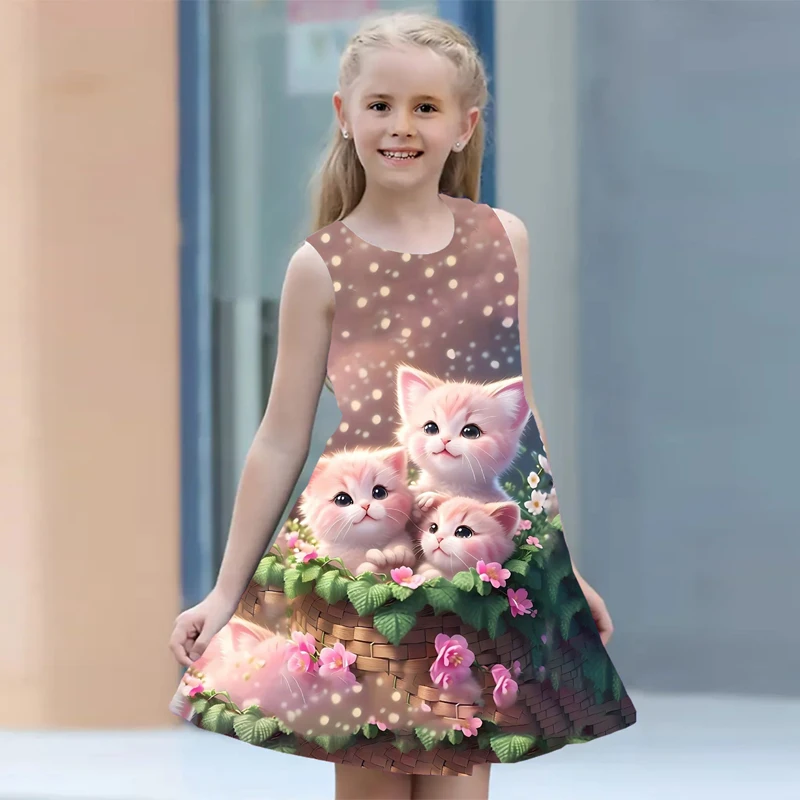 Summer Dress For Girls 2024 Kids Clothes Casual Sleeveless O-neck Cat 3D Print Children Princess Dress Girl 2 To 8 Years Old - Image 4