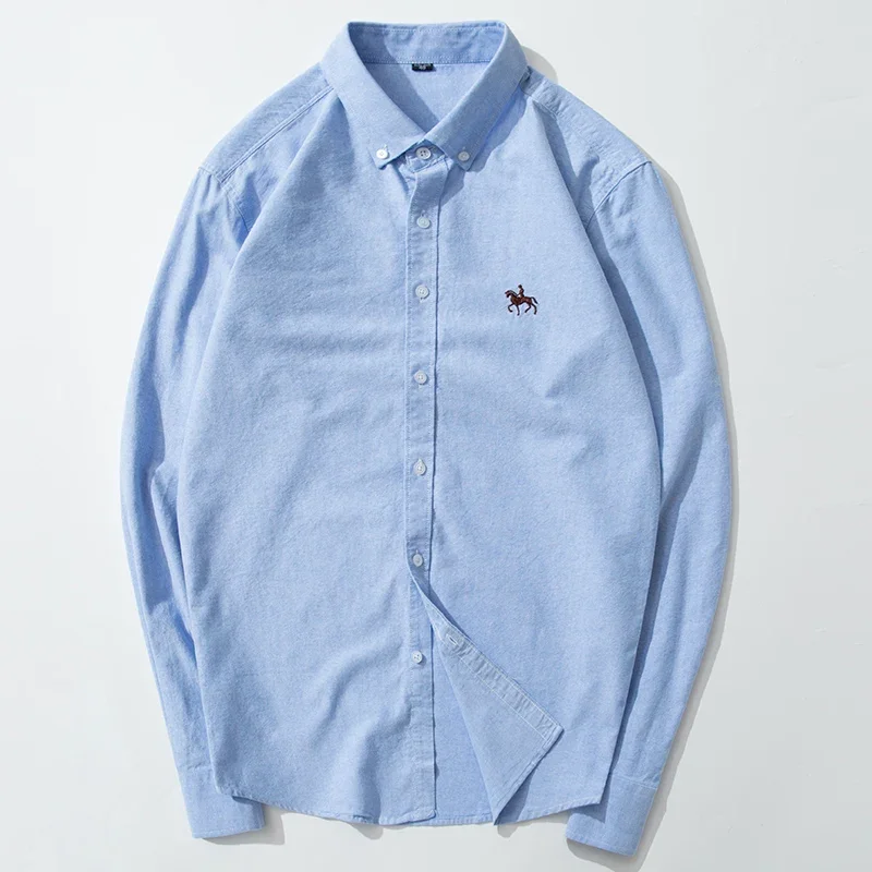 2024 Men's Long Sleeve Dress Shirt Men Pure Cotton Oxford Embroidered Horse Casual Without Pocket Solid Shirt Plus Size - Image 2