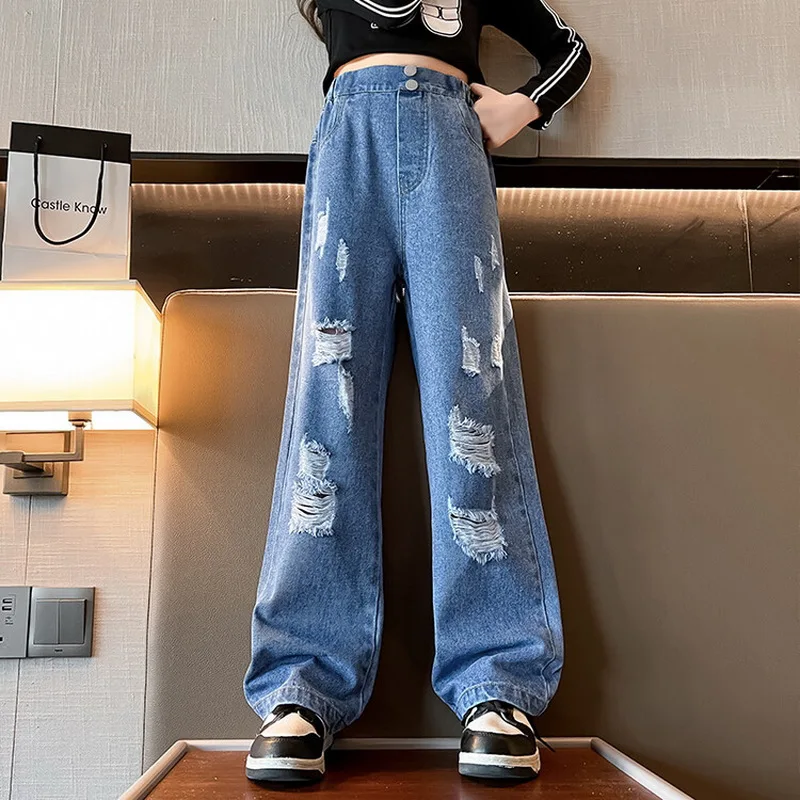 New 2024 Teenage Girls Blue Street Cartoon Print Elastic Mid Waist Loose Denim Jeans Spring Fashion Children Cute Wide Leg Pants - Image 10