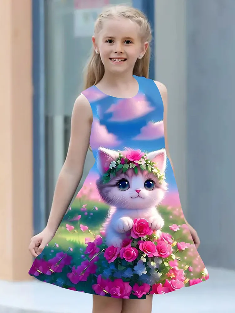 Summer Dress For Girls 2024 Kids Clothes Casual Sleeveless O-neck Cat 3D Print Children Princess Dress Girl 2 To 8 Years Old - Image 7