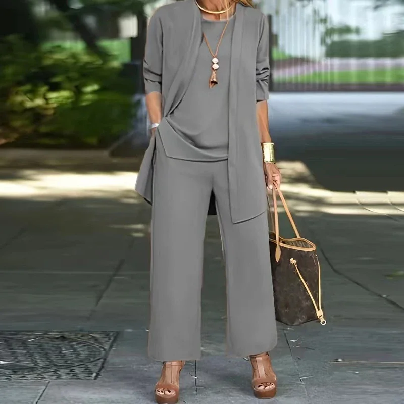 Casual O Neck Vest Cardigan Three Piece Set Elegant Solid Color Loose Pants Outfit Autumn Winter Fashion Women Long Sleeved Suit - Image 7