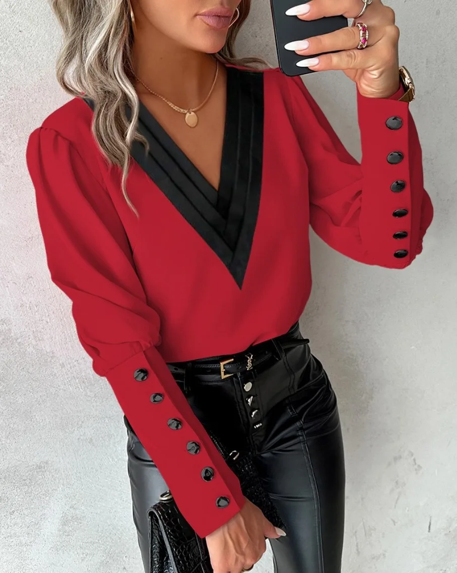 Elegant Women's Shirt Autumn 2025 New Fashion V-neck Pullover Solid Color Contrasting Loose Long Sleeved Button Women's Shirt - Image 4