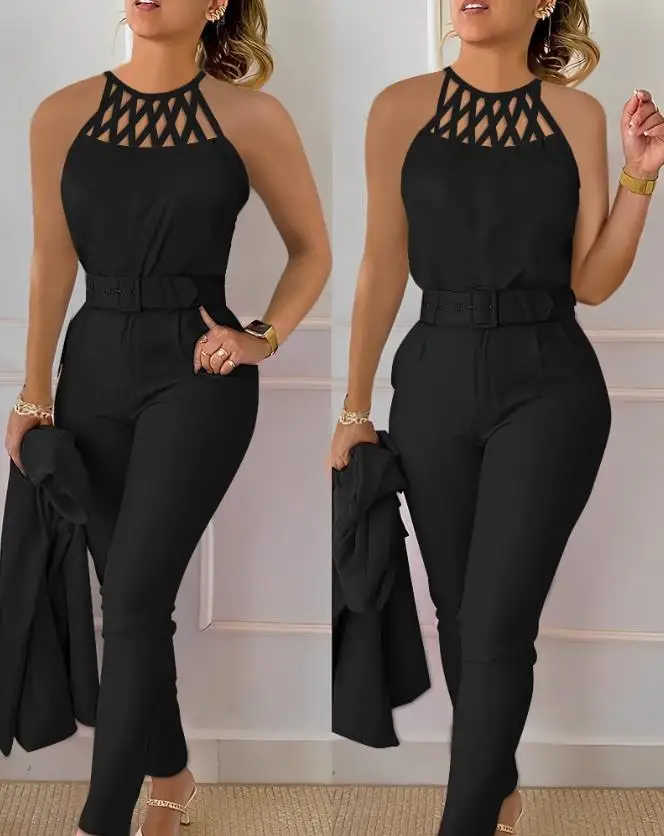 Two Piece Set Women Outfit 2024 Summer Fashion Hollow Out Round Neck Sleeveless Tank Top & Casual Pocket Daily Pants Set - Image 4