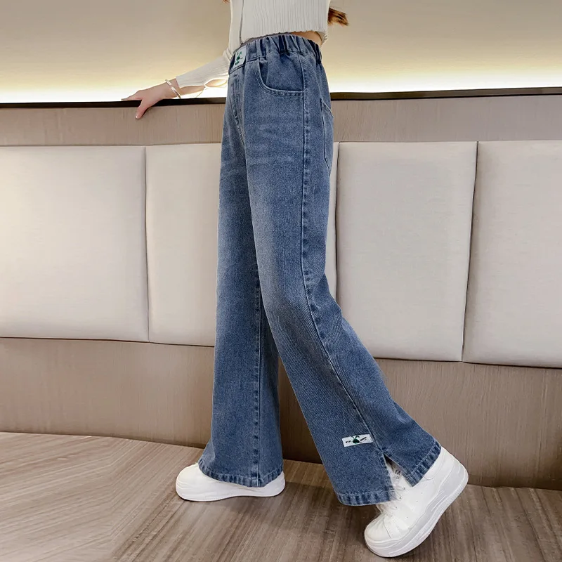 New 2024 Teenage Girls Blue Street Cartoon Print Elastic Mid Waist Loose Denim Jeans Spring Fashion Children Cute Wide Leg Pants - Image 16