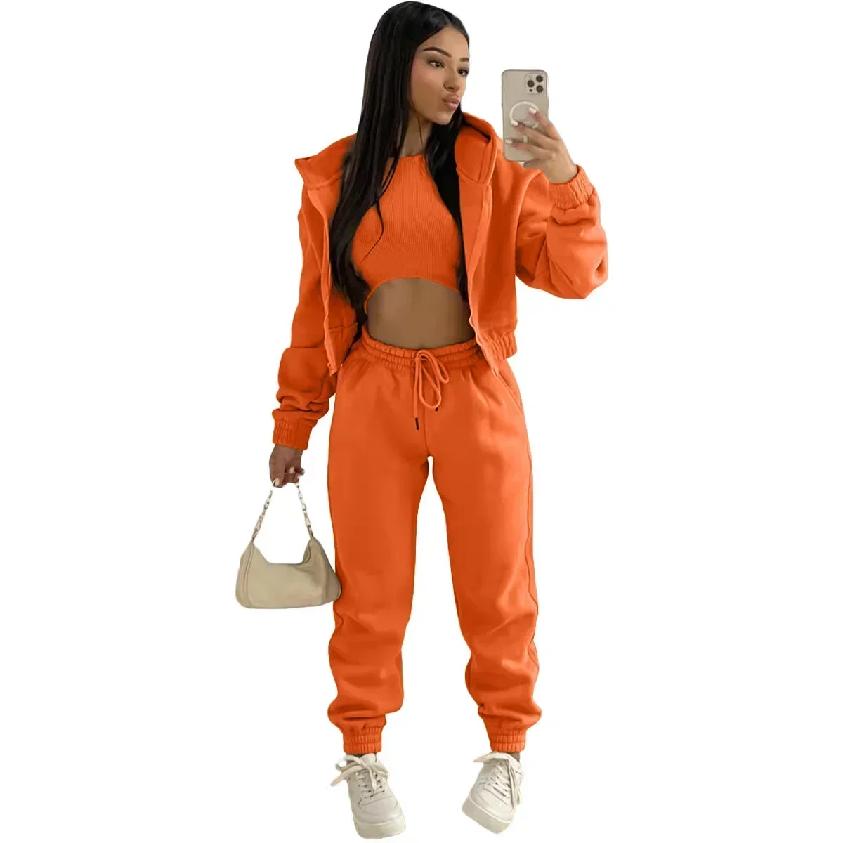 3pcs Women's Clothing Set Fleece-lined Hooded Sweater &Sleeveless Tank Top & Sports Sweatpants Pants - Image 5