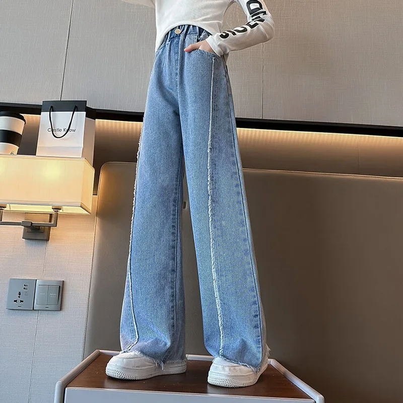New 2024 Teenage Girls Blue Street Cartoon Print Elastic Mid Waist Loose Denim Jeans Spring Fashion Children Cute Wide Leg Pants - Image 17