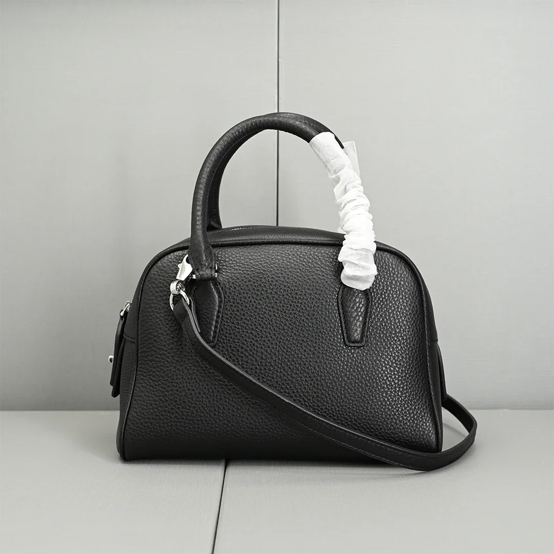 22cm Genuine Leather Bowling Bag Top Layer Cowhide Handbag Sheepskin Lining Woman Shoulder Crossbody Fashion Trend Small Bag - Image 2