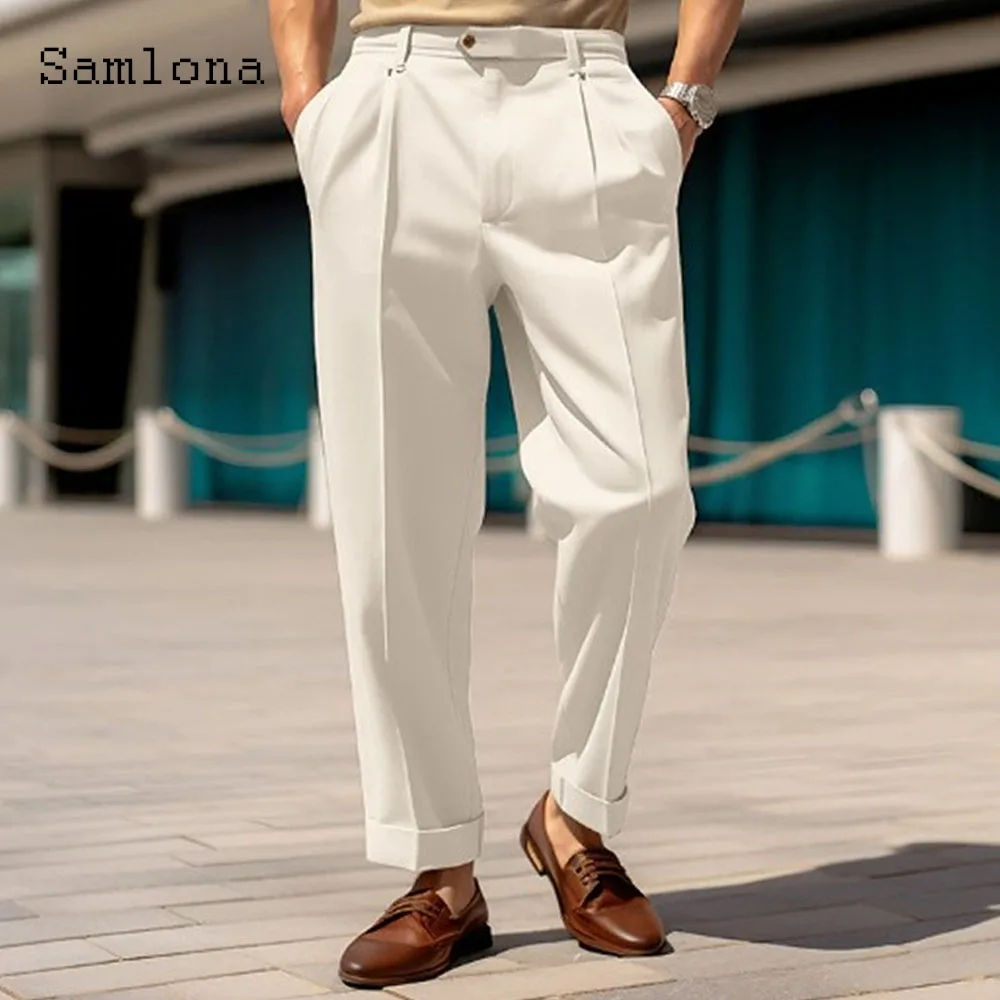 2023 Men's Stand Pocket Elegant Wide Leg Pants Solid White Party Wedding Trousers Plus Size Mens Fashion Buttons Up Suit Pants - Image 6